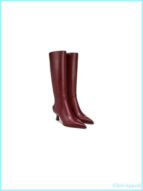 Knee High Pointed Toe Kitten Heel Boots Leather Zip
